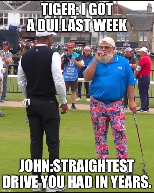 John Daly and Tiger Woods | TIGER: I GOT A DUI LAST WEEK; JOHN:STRAIGHTEST DRIVE YOU HAD IN YEARS. | image tagged in john daly and tiger woods | made w/ Imgflip meme maker