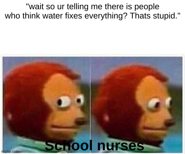 ice is frozen water~ |  "wait so ur telling me there is people who think water fixes everything? Thats stupid."; School nurses | image tagged in memes,monkey puppet,water is best medicine,fixes all ur problems | made w/ Imgflip meme maker