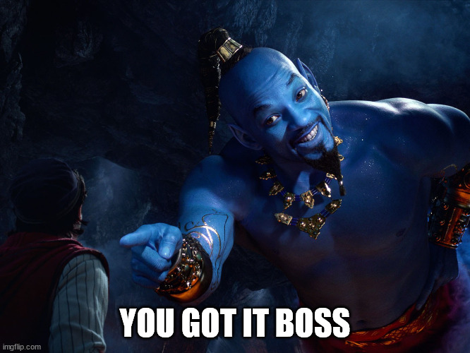 Genie | YOU GOT IT BOSS | image tagged in genie | made w/ Imgflip meme maker