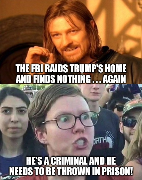 They won't stop even when they find nothing over and over again. Wait until they start planting shit. | THE FBI RAIDS TRUMP'S HOME AND FINDS NOTHING . . . AGAIN; HE'S A CRIMINAL AND HE NEEDS TO BE THROWN IN PRISON! | image tagged in memes,one does not simply,triggered liberal | made w/ Imgflip meme maker