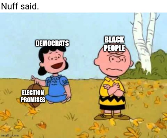 And we all know how this goes. | Nuff said. BLACK PEOPLE; DEMOCRATS; ELECTION PROMISES | image tagged in lucy football and charlie brown,memes,politics | made w/ Imgflip meme maker