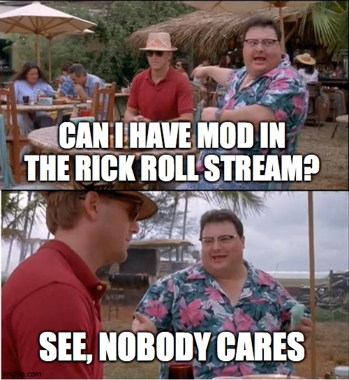 Hm? |  CAN I HAVE MOD IN THE RICK ROLL STREAM? SEE, NOBODY CARES | image tagged in memes,see nobody cares | made w/ Imgflip meme maker