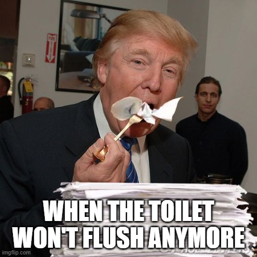 When the toilet won't flush anymore |  WHEN THE TOILET WON'T FLUSH ANYMORE | image tagged in president trump,donald trump,lunch time,eating,why is the fbi here,fbi | made w/ Imgflip meme maker