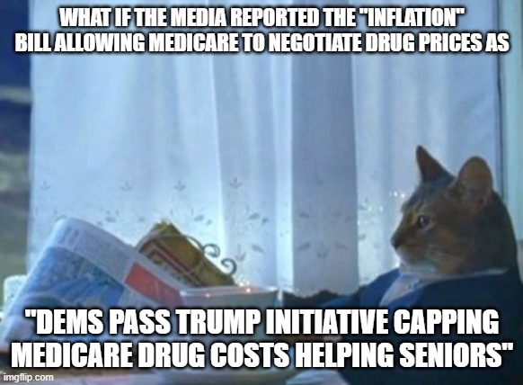 I Should Buy A Boat Cat | WHAT IF THE MEDIA REPORTED THE "INFLATION" BILL ALLOWING MEDICARE TO NEGOTIATE DRUG PRICES AS; "DEMS PASS TRUMP INITIATIVE CAPPING MEDICARE DRUG COSTS HELPING SENIORS" | image tagged in memes,i should buy a boat cat | made w/ Imgflip meme maker
