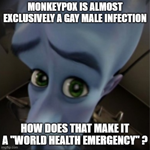 Megamind peeking | MONKEYPOX IS ALMOST EXCLUSIVELY A GAY MALE INFECTION; HOW DOES THAT MAKE IT A "WORLD HEALTH EMERGENCY" ? | image tagged in megamind peeking | made w/ Imgflip meme maker
