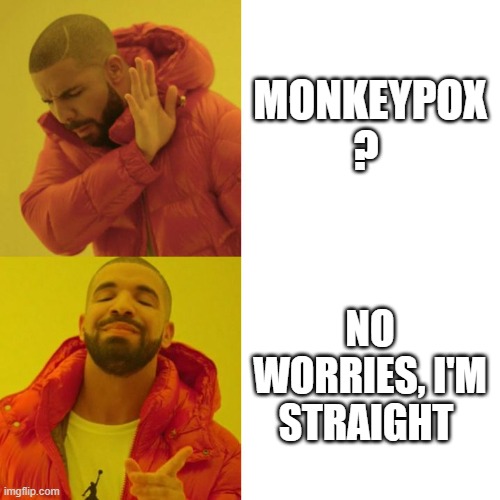 Drake Blank | MONKEYPOX ? NO WORRIES, I'M STRAIGHT | image tagged in drake blank | made w/ Imgflip meme maker