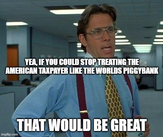 That Would Be Great |  YEA, IF YOU COULD STOP TREATING THE AMERICAN TAXPAYER LIKE THE WORLDS PIGGYBANK; THAT WOULD BE GREAT | image tagged in memes,that would be great | made w/ Imgflip meme maker