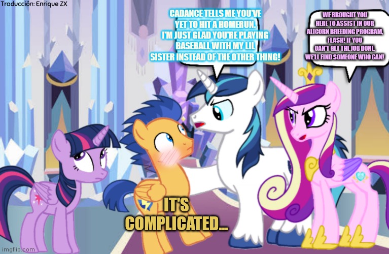 Meet the family... | WE BROUGHT YOU HERE TO ASSIST IN OUR ALICORN BREEDING PROGRAM, FLASH! IF YOU CAN'T GET THE JOB DONE, WE'LL FIND SOMEONE WHO CAN! CADANCE TELLS ME YOU'VE YET TO HIT A HOMERUN. I'M JUST GLAD YOU'RE PLAYING BASEBALL WITH MY LIL SISTER INSTEAD OF THE OTHER THING! IT'S COMPLICATED... | image tagged in shining,cadance,flash,twilight sparkle,mlp | made w/ Imgflip meme maker