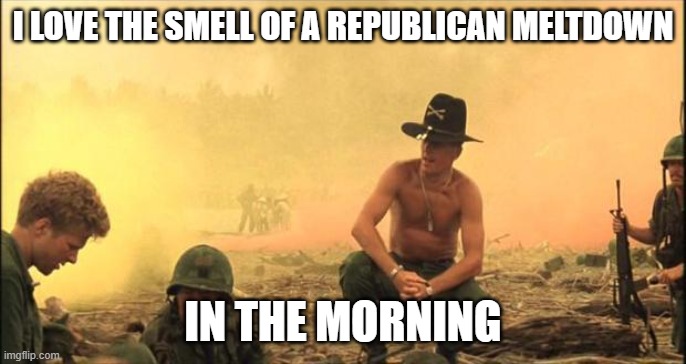 I love the smell of napalm in the morning | I LOVE THE SMELL OF A REPUBLICAN MELTDOWN; IN THE MORNING | image tagged in i love the smell of napalm in the morning | made w/ Imgflip meme maker