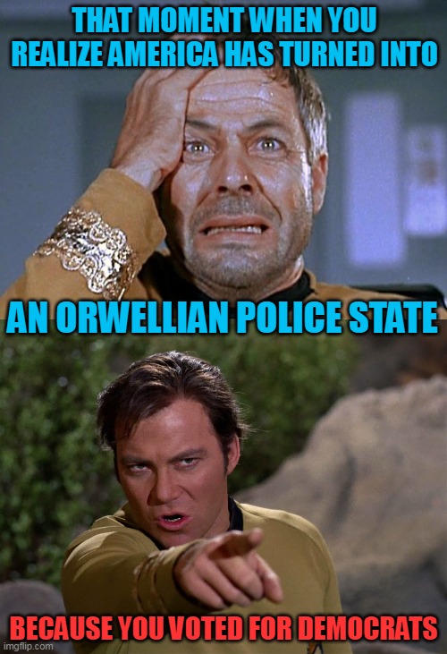 We tried to warn you... | THAT MOMENT WHEN YOU REALIZE AMERICA HAS TURNED INTO; AN ORWELLIAN POLICE STATE; BECAUSE YOU VOTED FOR DEMOCRATS | image tagged in commodore decker crazed 2,kirk warning | made w/ Imgflip meme maker