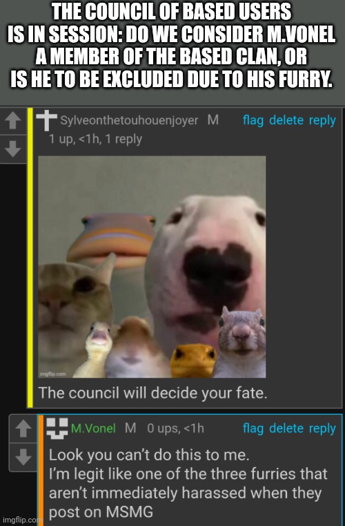 THE COUNCIL OF BASED USERS IS IN SESSION: DO WE CONSIDER M.VONEL A MEMBER OF THE BASED CLAN, OR IS HE TO BE EXCLUDED DUE TO HIS FURRY. | made w/ Imgflip meme maker