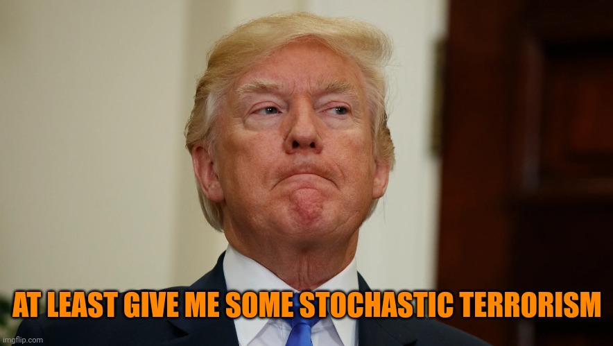 Guilty trump | AT LEAST GIVE ME SOME STOCHASTIC TERRORISM | image tagged in guilty trump | made w/ Imgflip meme maker