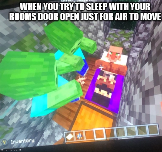 Zombie killing villager in bed | WHEN YOU TRY TO SLEEP WITH YOUR ROOMS DOOR OPEN JUST FOR AIR TO MOVE | image tagged in zombie killing villager in bed | made w/ Imgflip meme maker