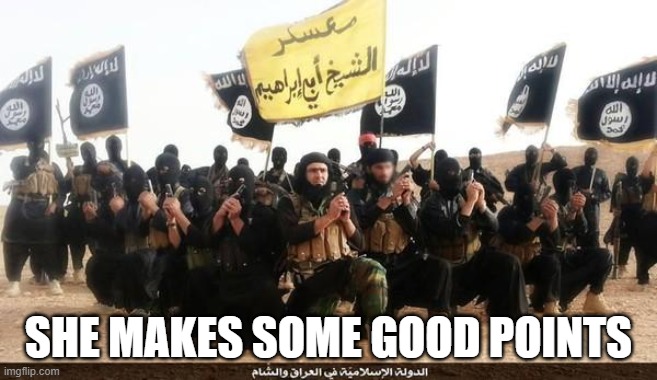 ISIS Jihad Terrorists | SHE MAKES SOME GOOD POINTS | image tagged in isis jihad terrorists | made w/ Imgflip meme maker