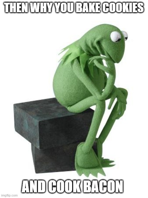 Philosophy Kermit | THEN WHY YOU BAKE COOKIES AND COOK BACON | image tagged in philosophy kermit | made w/ Imgflip meme maker