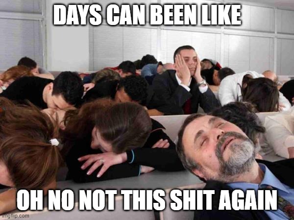 BORING | DAYS CAN BEEN LIKE; OH NO NOT THIS SHIT AGAIN | image tagged in boring | made w/ Imgflip meme maker