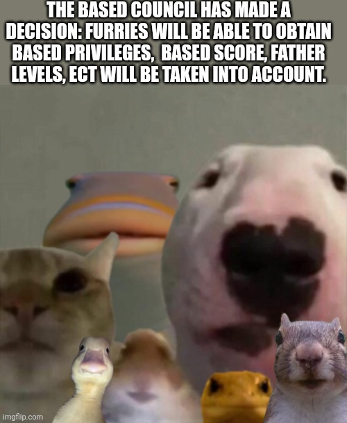The council remastered | THE BASED COUNCIL HAS MADE A DECISION: FURRIES WILL BE ABLE TO OBTAIN BASED PRIVILEGES,  BASED SCORE, FATHER LEVELS, ECT WILL BE TAKEN INTO ACCOUNT. | image tagged in the council remastered | made w/ Imgflip meme maker