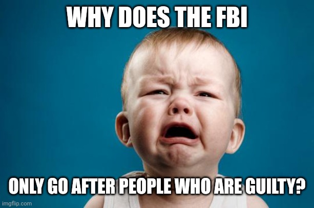 BABY CRYING | WHY DOES THE FBI ONLY GO AFTER PEOPLE WHO ARE GUILTY? | image tagged in baby crying | made w/ Imgflip meme maker