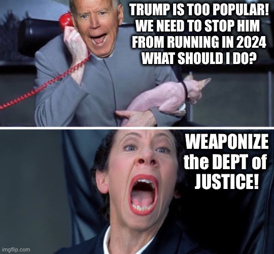 Excerpt from the book: Creating a banana republic for Dummies | TRUMP IS TOO POPULAR!
WE NEED TO STOP HIM 
FROM RUNNING IN 2024
WHAT SHOULD I DO? WEAPONIZE the DEPT of 
JUSTICE! | image tagged in biden frau | made w/ Imgflip meme maker