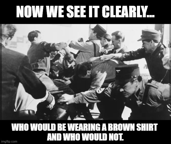 NOW WE SEE IT CLEARLY... WHO WOULD BE WEARING A BROWN SHIRT 
AND WHO WOULD NOT. | image tagged in trump,raid,wwii | made w/ Imgflip meme maker