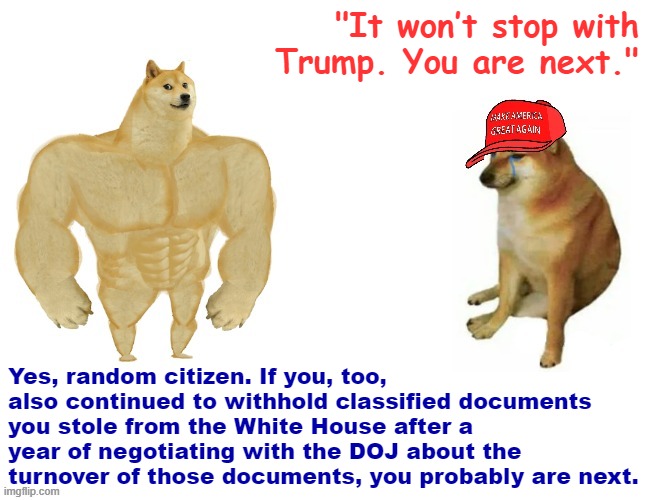 “This raid came out of literally nowhere!” | "It won’t stop with Trump. You are next."; Yes, random citizen. If you, too, also continued to withhold classified documents you stole from the White House after a year of negotiating with the DOJ about the turnover of those documents, you probably are next. | image tagged in buff doge vs maga cheems,conservative logic,conservative hypocrisy,law and order,maga,republicans | made w/ Imgflip meme maker