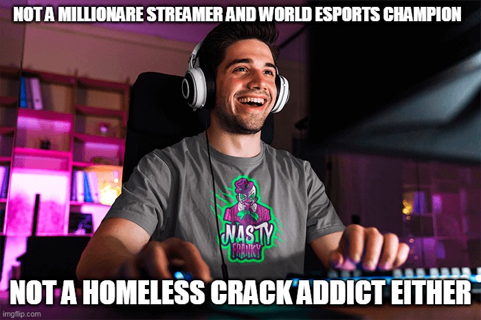  NOT A MILLIONARE STREAMER AND WORLD ESPORTS CHAMPION; NOT A HOMELESS CRACK ADDICT EITHER | image tagged in gamer | made w/ Imgflip meme maker
