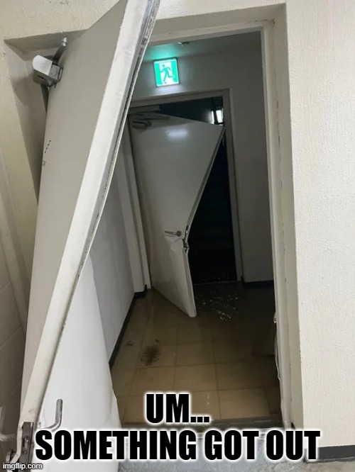 UM... SOMETHING GOT OUT | image tagged in monster,door | made w/ Imgflip meme maker