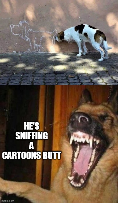 IT'S JUST HABIT | HE'S SNIFFING A CARTOONS BUTT | image tagged in laughing dog,dogs,funny dogs | made w/ Imgflip meme maker