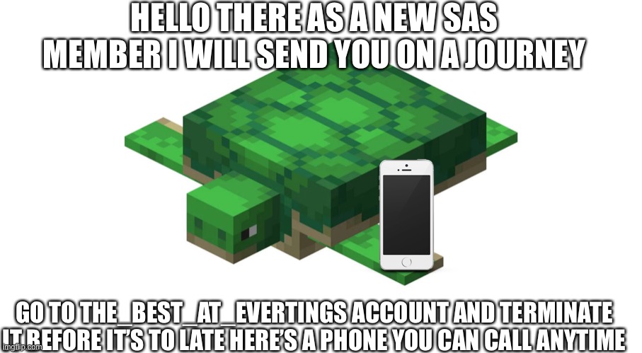 Part two of the SAS agent trilogy go see the 1st part on my account | HELLO THERE AS A NEW SAS MEMBER I WILL SEND YOU ON A JOURNEY; GO TO THE_BEST_AT_EVERTINGS ACCOUNT AND TERMINATE IT BEFORE IT’S TO LATE HERE’S A PHONE YOU CAN CALL ANYTIME | image tagged in sas,minecraft turtle | made w/ Imgflip meme maker