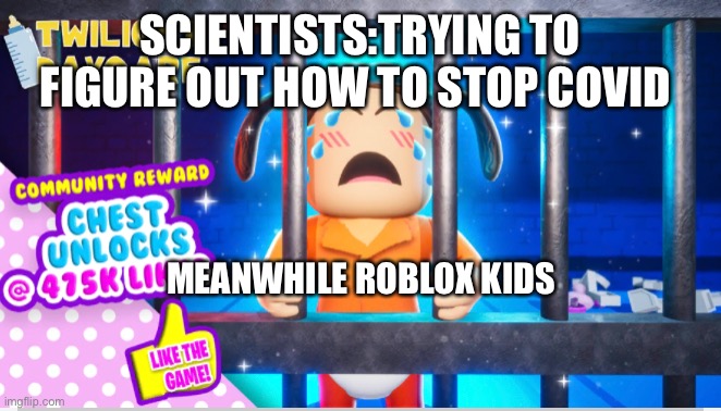 Roblox players be like | SCIENTISTS:TRYING TO FIGURE OUT HOW TO STOP COVID; MEANWHILE ROBLOX KIDS | image tagged in roblox,covid-19 | made w/ Imgflip meme maker