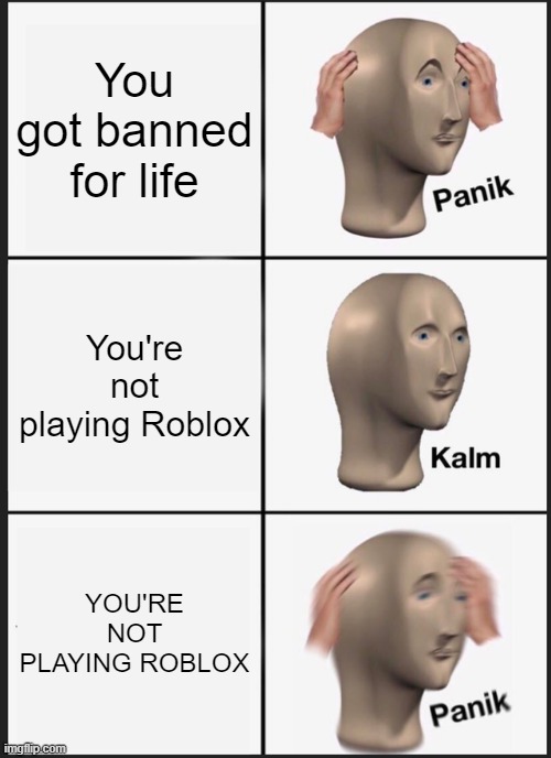 Panik Kalm Panik | You got banned for life; You're not playing Roblox; YOU'RE NOT PLAYING ROBLOX | image tagged in memes,panik kalm panik | made w/ Imgflip meme maker