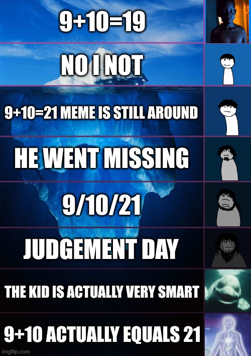 21 meme | 9+10=19; NO I NOT; 9+10=21 MEME IS STILL AROUND; HE WENT MISSING; 9/10/21; JUDGEMENT DAY; THE KID IS ACTUALLY VERY SMART; 9+10 ACTUALLY EQUALS 21 | image tagged in iceberg levels tiers | made w/ Imgflip meme maker