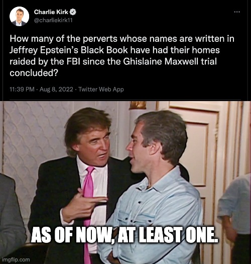 AS OF NOW, AT LEAST ONE. | image tagged in jeffery epstein,donald trump,fbi,conservatives | made w/ Imgflip meme maker