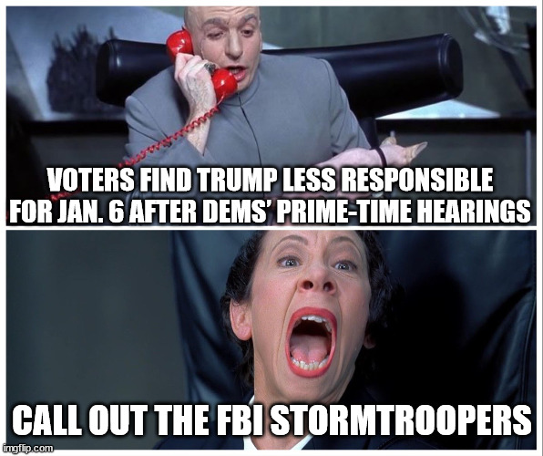 It was a politically motivated raid... | VOTERS FIND TRUMP LESS RESPONSIBLE FOR JAN. 6 AFTER DEMS’ PRIME-TIME HEARINGS; CALL OUT THE FBI STORMTROOPERS | image tagged in dr evil and frau yelling,fbi,raid | made w/ Imgflip meme maker