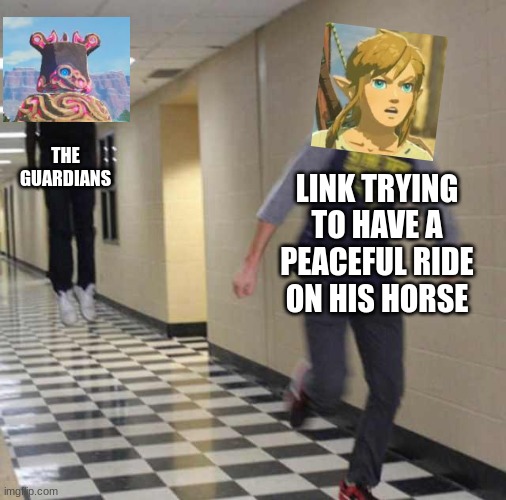 Link running from guardian | THE GUARDIANS; LINK TRYING TO HAVE A PEACEFUL RIDE ON HIS HORSE | image tagged in floating boy chasing running boy | made w/ Imgflip meme maker