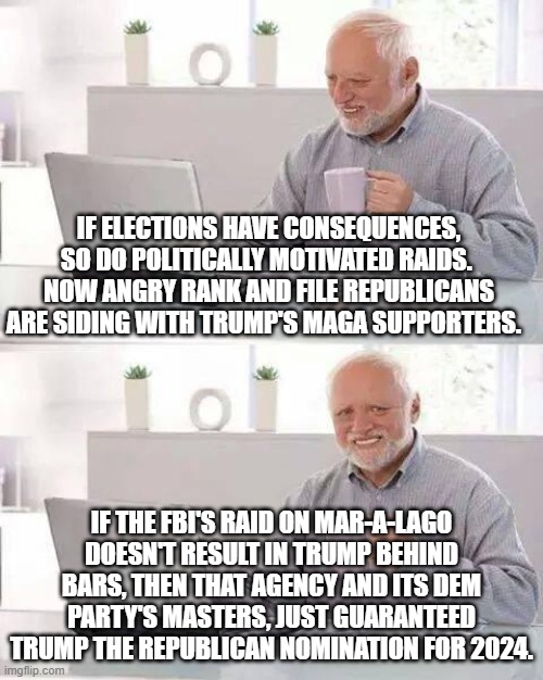 Yep . . . Biden and company just stupidly stirred up a hornet's nest. | IF ELECTIONS HAVE CONSEQUENCES, SO DO POLITICALLY MOTIVATED RAIDS.  NOW ANGRY RANK AND FILE REPUBLICANS ARE SIDING WITH TRUMP'S MAGA SUPPORTERS. IF THE FBI'S RAID ON MAR-A-LAGO DOESN'T RESULT IN TRUMP BEHIND BARS, THEN THAT AGENCY AND ITS DEM PARTY'S MASTERS, JUST GUARANTEED TRUMP THE REPUBLICAN NOMINATION FOR 2024. | image tagged in hide the pain harold | made w/ Imgflip meme maker