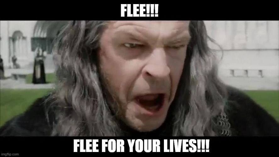 Denethor Flee for Your Lives | FLEE!!! FLEE FOR YOUR LIVES!!! | image tagged in denethor flee for your lives | made w/ Imgflip meme maker