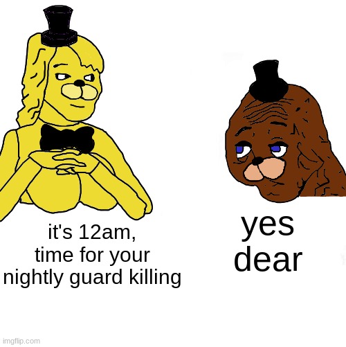 i spent about two hours on this, so i hope you like it | yes dear; it's 12am, time for your nightly guard killing | image tagged in fnaf,five nights at freddys,five nights at freddy's,yes honey | made w/ Imgflip meme maker