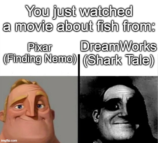 Yep, Pixar is better | You just watched a movie about fish from:; DreamWorks (Shark Tale); Pixar (Finding Nemo) | image tagged in teacher's copy | made w/ Imgflip meme maker