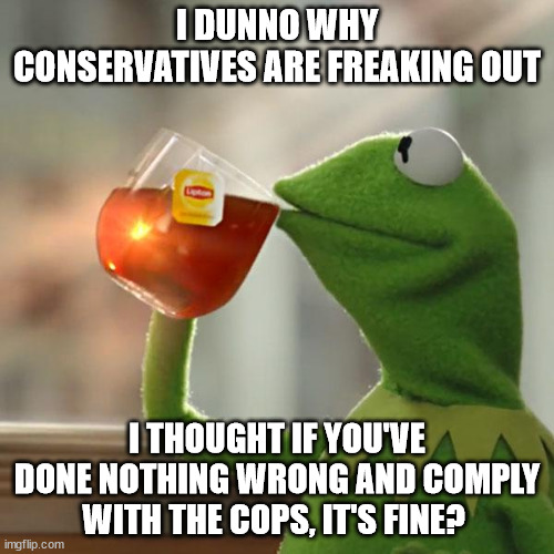 But That's None Of My Business Meme | I DUNNO WHY CONSERVATIVES ARE FREAKING OUT; I THOUGHT IF YOU'VE DONE NOTHING WRONG AND COMPLY WITH THE COPS, IT'S FINE? | image tagged in memes,but that's none of my business,kermit the frog | made w/ Imgflip meme maker