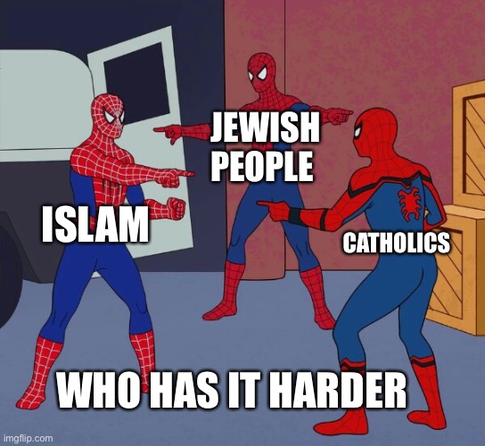 Spider Man Triple |  JEWISH PEOPLE; ISLAM; CATHOLICS; WHO HAS IT HARDER | image tagged in spider man triple | made w/ Imgflip meme maker