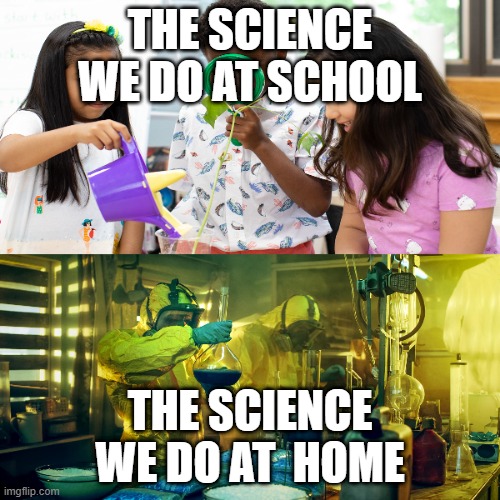 Science |  THE SCIENCE WE DO AT SCHOOL; THE SCIENCE WE DO AT  HOME | image tagged in breaking bad,science,bruh,funny,meme,memes | made w/ Imgflip meme maker