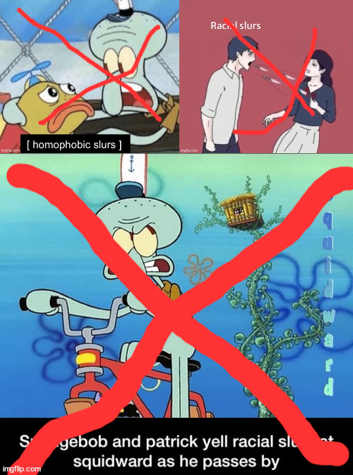 image tagged in homophobic slurs,racial slurs,spongebob and patrick yell racial slurs at squidward | made w/ Imgflip meme maker