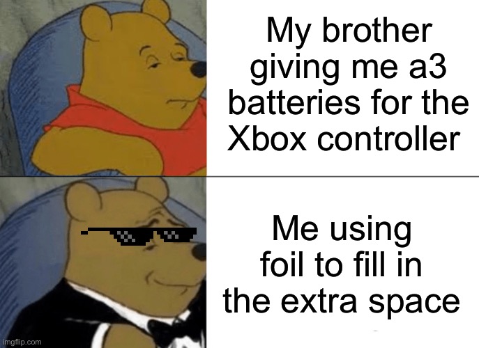Tuxedo Winnie The Pooh |  My brother giving me a3 batteries for the Xbox controller; Me using foil to fill in the extra space | image tagged in memes,tuxedo winnie the pooh | made w/ Imgflip meme maker