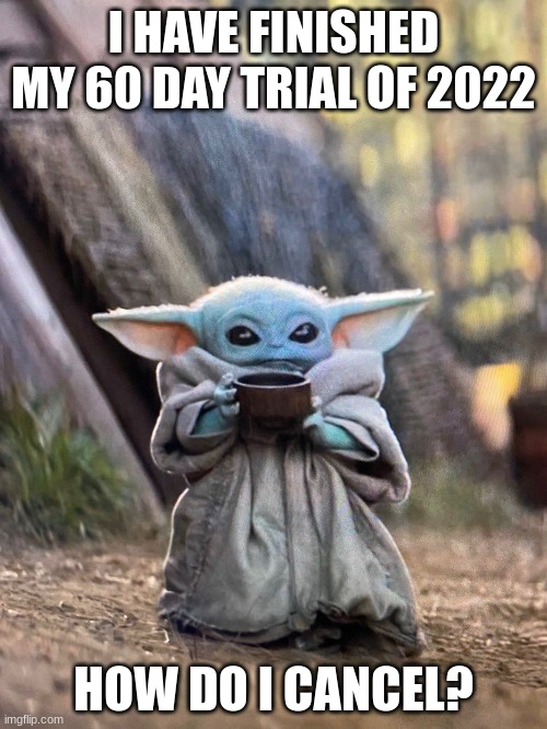 This year tho |  I HAVE FINISHED MY 60 DAY TRIAL OF 2022; HOW DO I CANCEL? | image tagged in baby yoda tea,so true memes,memes | made w/ Imgflip meme maker