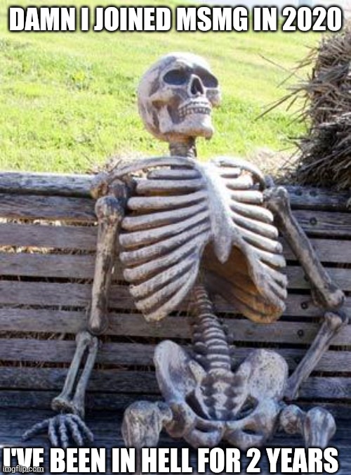 Waiting Skeleton | DAMN I JOINED MSMG IN 2020; I'VE BEEN IN HELL FOR 2 YEARS | image tagged in memes,waiting skeleton | made w/ Imgflip meme maker
