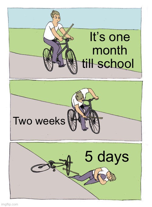 Bro it went by so far | It’s one month till school; Two weeks; 5 days | image tagged in memes,bike fall | made w/ Imgflip meme maker
