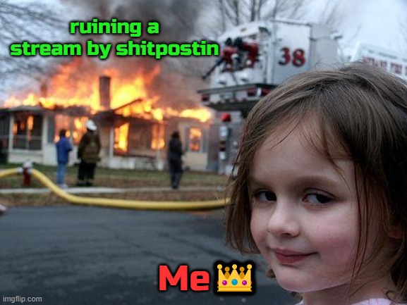Disaster Girl Meme | ruining a stream by shitpostin; Me👑 | image tagged in memes,disaster girl | made w/ Imgflip meme maker