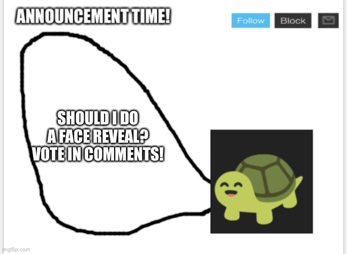 Should I? | SHOULD I DO A FACE REVEAL? VOTE IN COMMENTS! | image tagged in conman s turtle talk | made w/ Imgflip meme maker