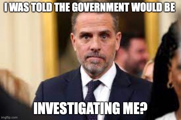 hunter biden | I WAS TOLD THE GOVERNMENT WOULD BE; INVESTIGATING ME? | image tagged in government corruption,hunter biden | made w/ Imgflip meme maker